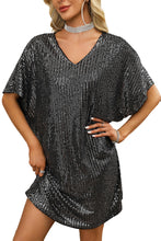 Load image into Gallery viewer, Dark Grey Sequin V Neck Dolman Sleeve Shift Dress
