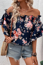 Cargar imagen en el visor de la galería, Blue Ruffle Off Shoulder Flounce Sleeve Floral Blouse
