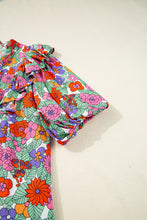 Load image into Gallery viewer, Red Floral Tie Split Neck Ruffle Puff Sleeve Blouse
