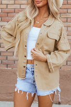 Cargar imagen en el visor de la galería, Khaki Pearl Beaded Raw Hem Button Up Denim Jacket
