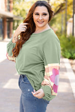 Load image into Gallery viewer, Smoke Green Flower Patchwork Raglan Sleeve Exposed Seam Oversized Top
