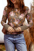 Load image into Gallery viewer, Brown Floral Print Waffle Textured Long Sleeve Top
