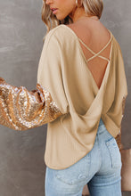 Cargar imagen en el visor de la galería, Apricot Sequin Patchwork Sleeve Open Back Waffle Knit Top
