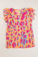 Cargar imagen en el visor de la galería, Orange Abstract Print V Neck Ruffled Sleeve Blouse
