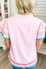 Load image into Gallery viewer, Pink Stripe Ricrac Trim Split Neck Striped Ruffled Sleeve Blouse
