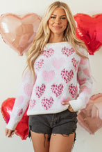 Cargar imagen en el visor de la galería, Pink Heart Leopard Print Pearled Ribbed Trim Fuzzy Sweater
