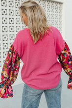 Cargar imagen en el visor de la galería, Bright Pink Floral Patchwork Flounce Sleeve Rib Knit Plus Top
