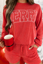 Cargar imagen en el visor de la galería, Racing Red Corded MERRY Graphic Long Sleeve Top and Shorts Set
