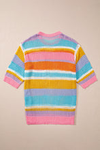 Load image into Gallery viewer, Pink Stripe Plus Size Open Knit Patch Pocket Short Sleeve Sweater
