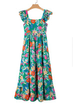 Load image into Gallery viewer, Green Floral Print Sleeveless Ruffle Tiered Maxi Dress
