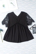 Cargar imagen en el visor de la galería, Black Eyelash Lace Sleeve V Neck Ruffle Babydoll Top
