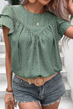 Load image into Gallery viewer, Laurel Green Dotted Ruffle Sleeve Crew Neck Ruched Blouse
