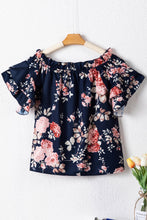 Load image into Gallery viewer, Blue Ruffle Off Shoulder Flounce Sleeve Floral Blouse
