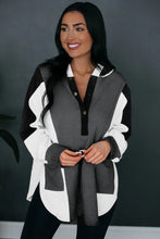 Load image into Gallery viewer, Black Color Block Exposed Seam Buttoned Neckline Hoodie
