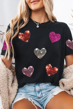 Load image into Gallery viewer, Black Sequin Heart Patched Pattern Crewneck Valentines Tee
