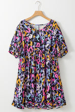 Load image into Gallery viewer, Purple Leopard Print Ruffled V Neck Plus Size Mini Dress
