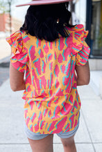 Cargar imagen en el visor de la galería, Orange Abstract Print V Neck Ruffled Sleeve Blouse
