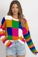 Load image into Gallery viewer, Orange Checkered Color Block Round Neck Loose Sweater
