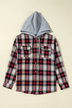 Cargar imagen en el visor de la galería, Red Plaid Print Chest Pocket Buttoned Hooded Shacket
