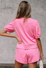Load image into Gallery viewer, Pink Contrast Bow Trim Pearl Puff Sleeve Blouse and Skort 2pcs Set
