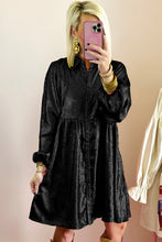 Load image into Gallery viewer, Black Metallic Sheen Puff Sleeve Button Up Mini Shirt Dress
