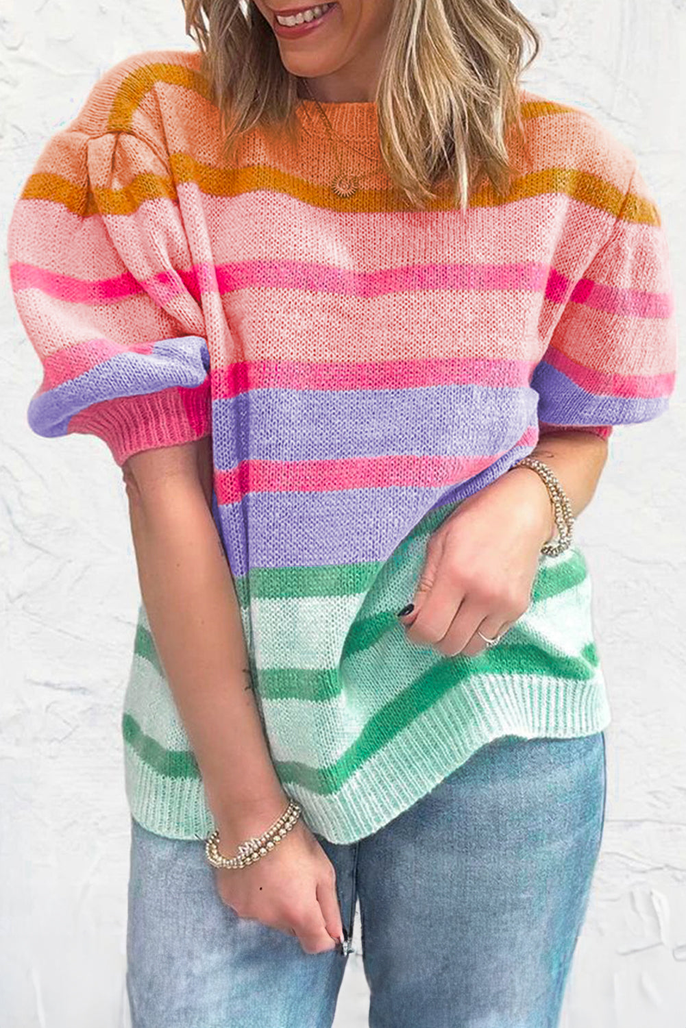 Hot Pink Colorful Stripe Bubble Short Sleeve Sweater