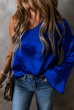 Load image into Gallery viewer, Dark Blue Asymmetric One Shoulder Bell Sleeve Satin Blouse
