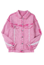 Load image into Gallery viewer, Pink Lace Patchwork Distressed Buttoned Denim Jacket
