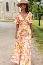 Load image into Gallery viewer, Pink Bohemian Flutter Sleeve Cut out Floral Maxi Dress
