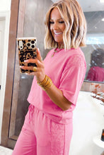 Cargar imagen en el visor de la galería, Sachet Pink Lace Patchwork Half Sleeve Top Elastic Waist Pants Two Piece Set
