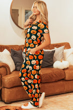 Cargar imagen en el visor de la galería, Orange Halloween Pattern Short Sleeve Shirt Pajama Set
