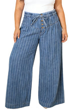 Cargar imagen en el visor de la galería, Sky Blue Stripe Plus Size Buttoned Loose Wide Leg Denim Pants
