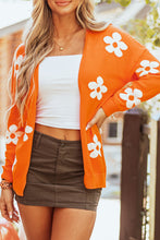 Cargar imagen en el visor de la galería, Orange Floral Print Knitted Open Front Loose Cardigan
