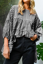 Load image into Gallery viewer, Black Checkered Puff Sleeve Tiered Loose Babydoll Blouse
