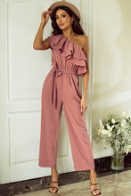 Load image into Gallery viewer, Dusty Pink One Shoulder Ruffle Trim Belted Jumpsuit
