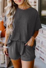 Cargar imagen en el visor de la galería, Carbon Grey Ribbed Textured Knit Loose Fit Tee and Shorts Set
