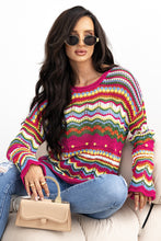 Cargar imagen en el visor de la galería, Rose Red Colorblock Striped Hollowed Knit Loose Sleeve Sweater
