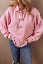 Cargar imagen en el visor de la galería, Pink Ribbed Knit Collared Henley Top with Chest Pocket
