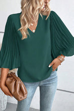 Load image into Gallery viewer, Blackish Green 3/4 Pleated Bell Sleeve V Neck Blouse
