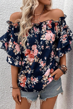 Cargar imagen en el visor de la galería, Blue Ruffle Off Shoulder Flounce Sleeve Floral Blouse
