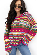 Cargar imagen en el visor de la galería, Rose Red Colorblock Striped Hollowed Knit Loose Sleeve Sweater
