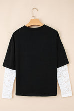 Load image into Gallery viewer, Black Lace Long Sleeve Insert Drop Shoulder Tee
