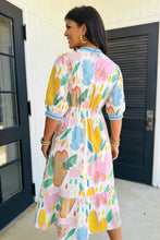 Load image into Gallery viewer, Multicolour Floral Doodle Print Striped Trim V Neck Midi Dress
