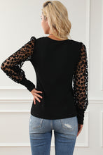 Load image into Gallery viewer, Black Leopard Mesh Puff Sleeve Patchwork Slim Fit Top
