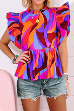 Cargar imagen en el visor de la galería, Orange Abstract Print Flutter Sleeve Peplum Blouse
