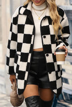 Load image into Gallery viewer, Black Checkered Side Pockets Collared Buttoned Fleece Jacket
