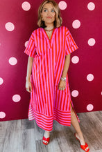 Cargar imagen en el visor de la galería, Red Stripe V Neck Cuffed Sleeve Relaxed Split Midi Dress
