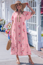 Cargar imagen en el visor de la galería, Pink Notched Neck Flutter Short Sleeve Floral Print Maxi Dress
