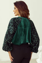 Load image into Gallery viewer, Evergreen Sequin Patchwork Sleeve Button Up Velvet Top
