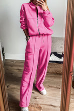 Cargar imagen en el visor de la galería, Bright Pink Solid Seamed Zipper Jacket and Drawstring Waist Pants Set
